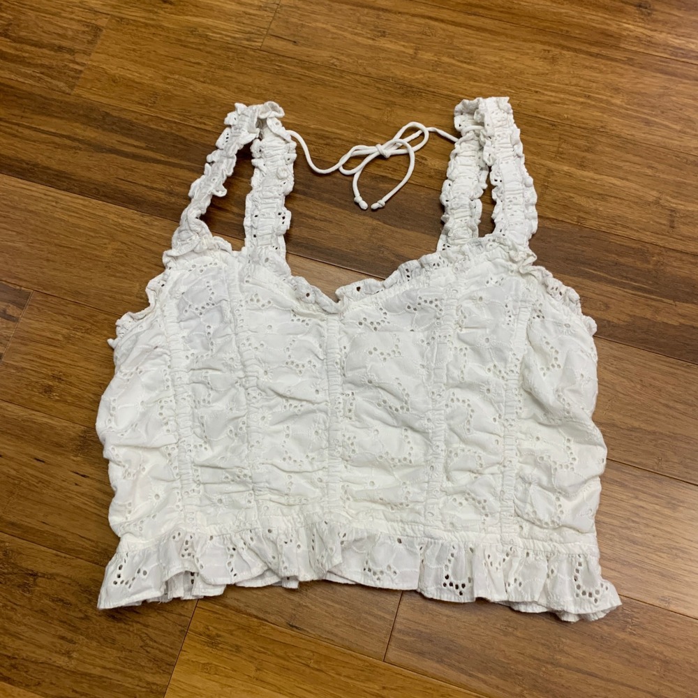 Urban Outfitters White Eyelet Ruffle Tie Strap Cropped Smocked Tank Top Medium